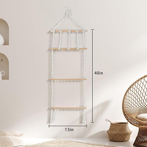 Miniatura 2 de Grathia Organizador de joyas colgante de macramé con 30 ganchos, estante para collares montado en la pared, colgador de collar con borla para