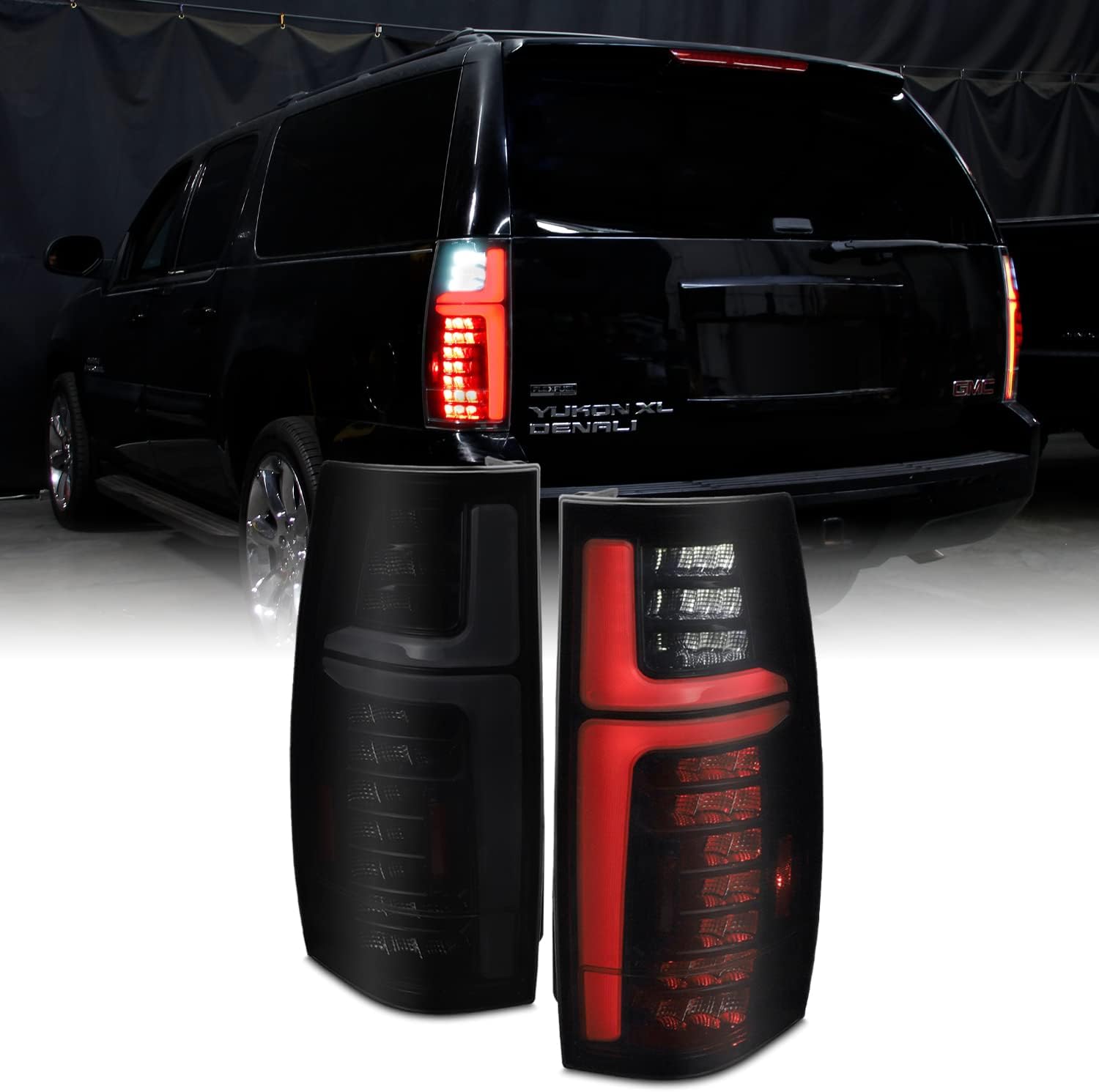 AKKON - Fit 2007-2014 Chevy Tahoe Suburban GMC Yukon 07-14 [Full LED] Tail Lights Rear Lamp Black Smoke Lens