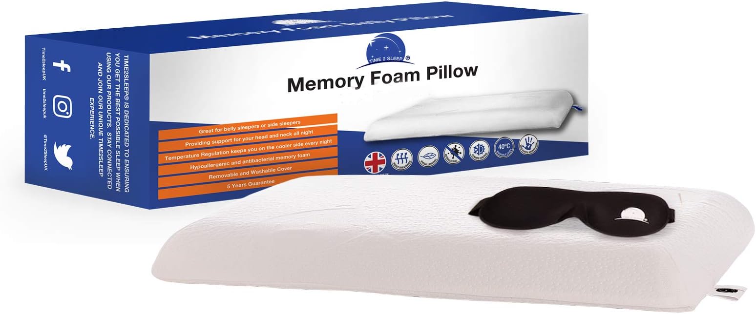 Time2Sleep Ergonomic Gel Infused Memory Foam Pillow for for front sleepers. Flat and Slim Ideal for Spinal Support, Hypoallergenic with Washable Bamboo Cover.