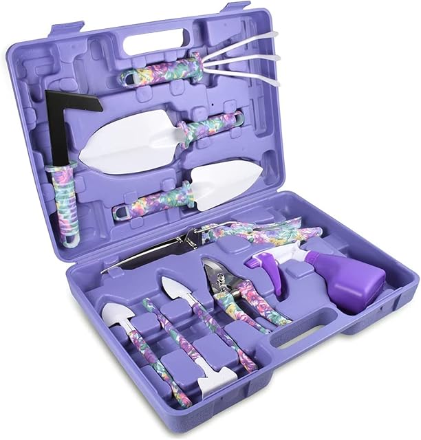 Hydrogarden Garden Tools Set, 10 Piece Gardening and Planting Kit with Carrying Case,Ergonomic Handle Gardening Work Set with Purple Floral Print, Gift for Gardening Lovers