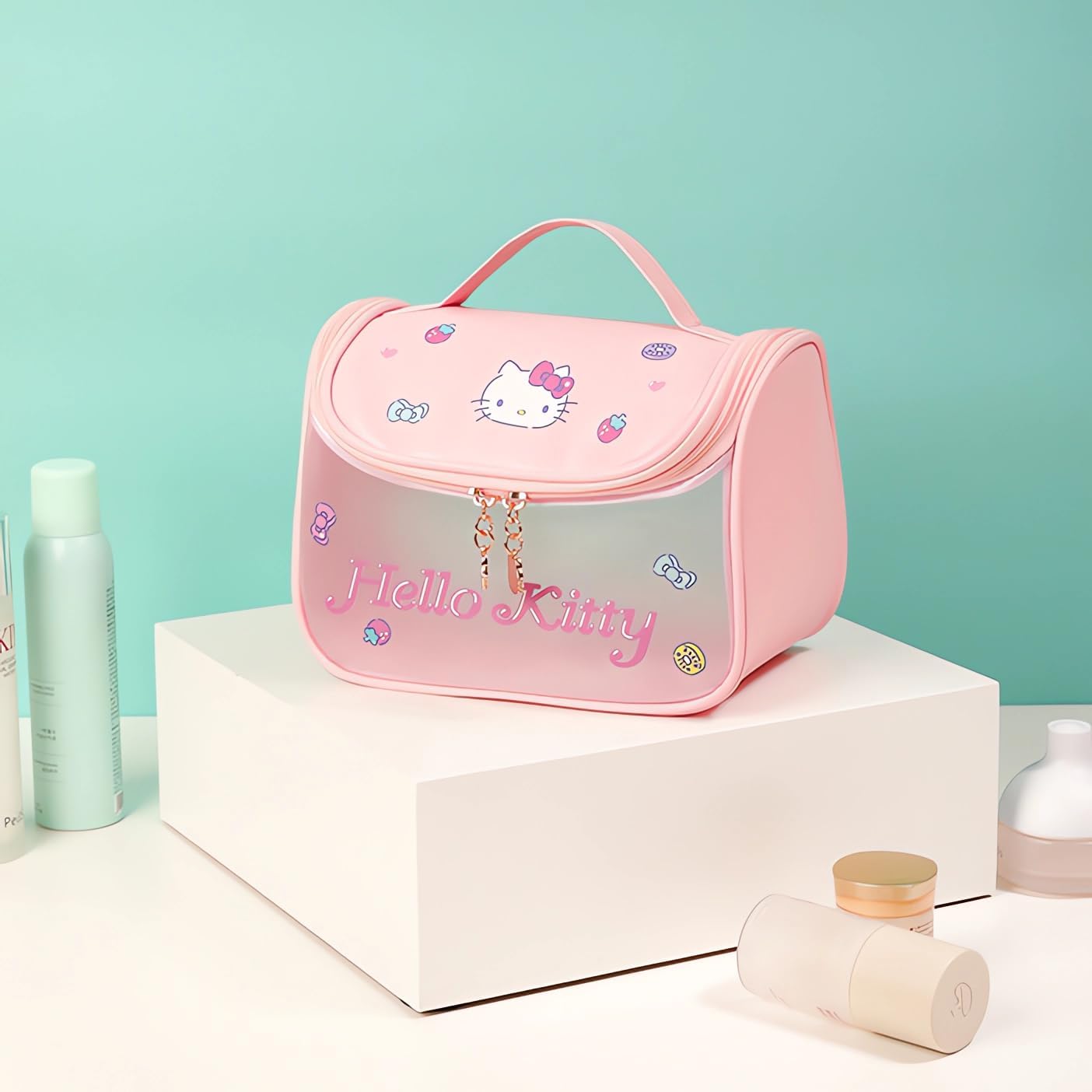Cute Cartoon Womens Toiletry Bag, PU Leather Translucent Waterproof Toiletries Bag, Travel Makeup Bag Organizer (Pink) - Image 2