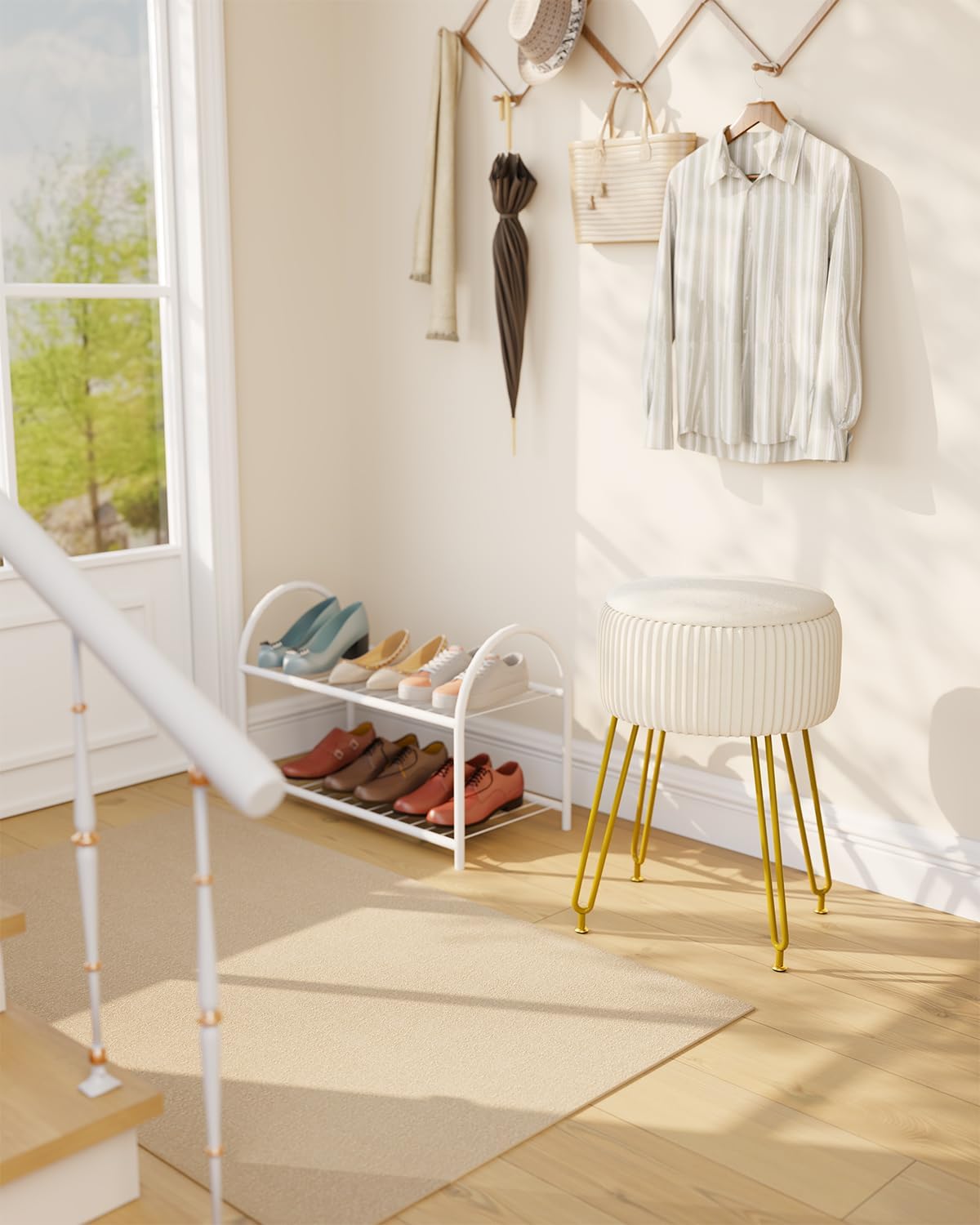 IBUYKE Velvet Storage Footrest Stool Ottoman, Makeup Vanity Stool Side Table with Golden Steel Legs Removable Cover, Coffee Table Top Cover, Creamy-White LG-20M - Image 6