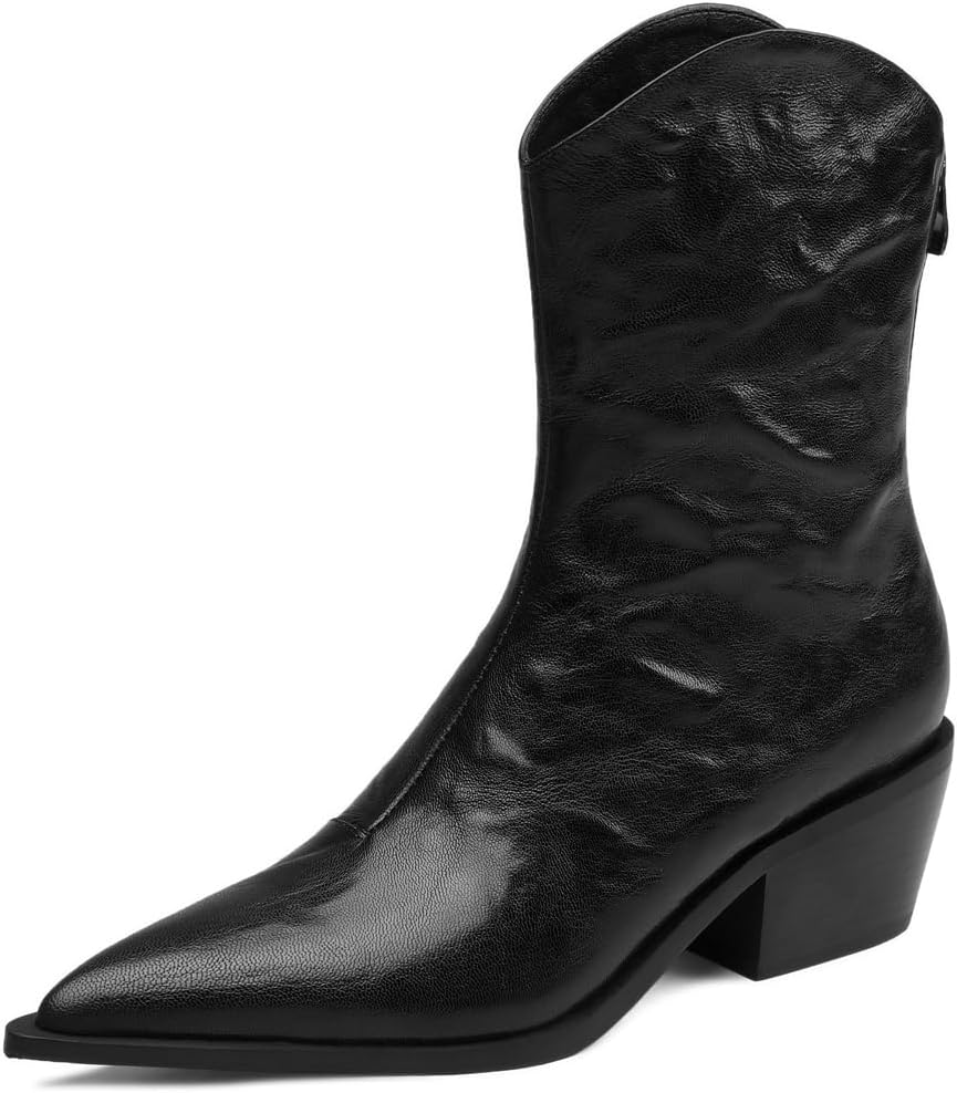 TinaCus Women's Pointed Toe Genuine Leather Handmade Chunky Heel Back Zip Up Western Boots