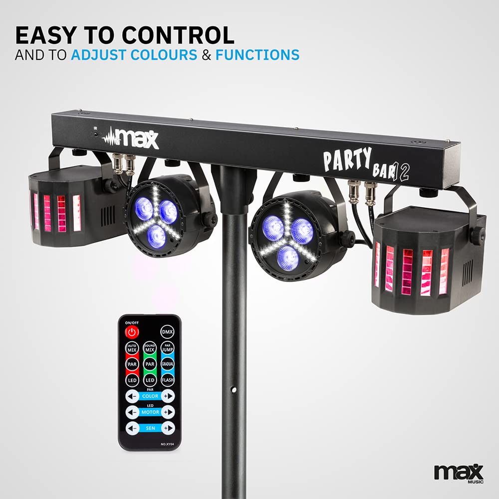 Max PARTYBAR12 2x PAR + 2x Derby, Mode DMX ou Auto, Télécommande et Programmes Automatiques, Pied Inclus, Shows Préprogrammés, Effets Professionnels pour vos Soirées
