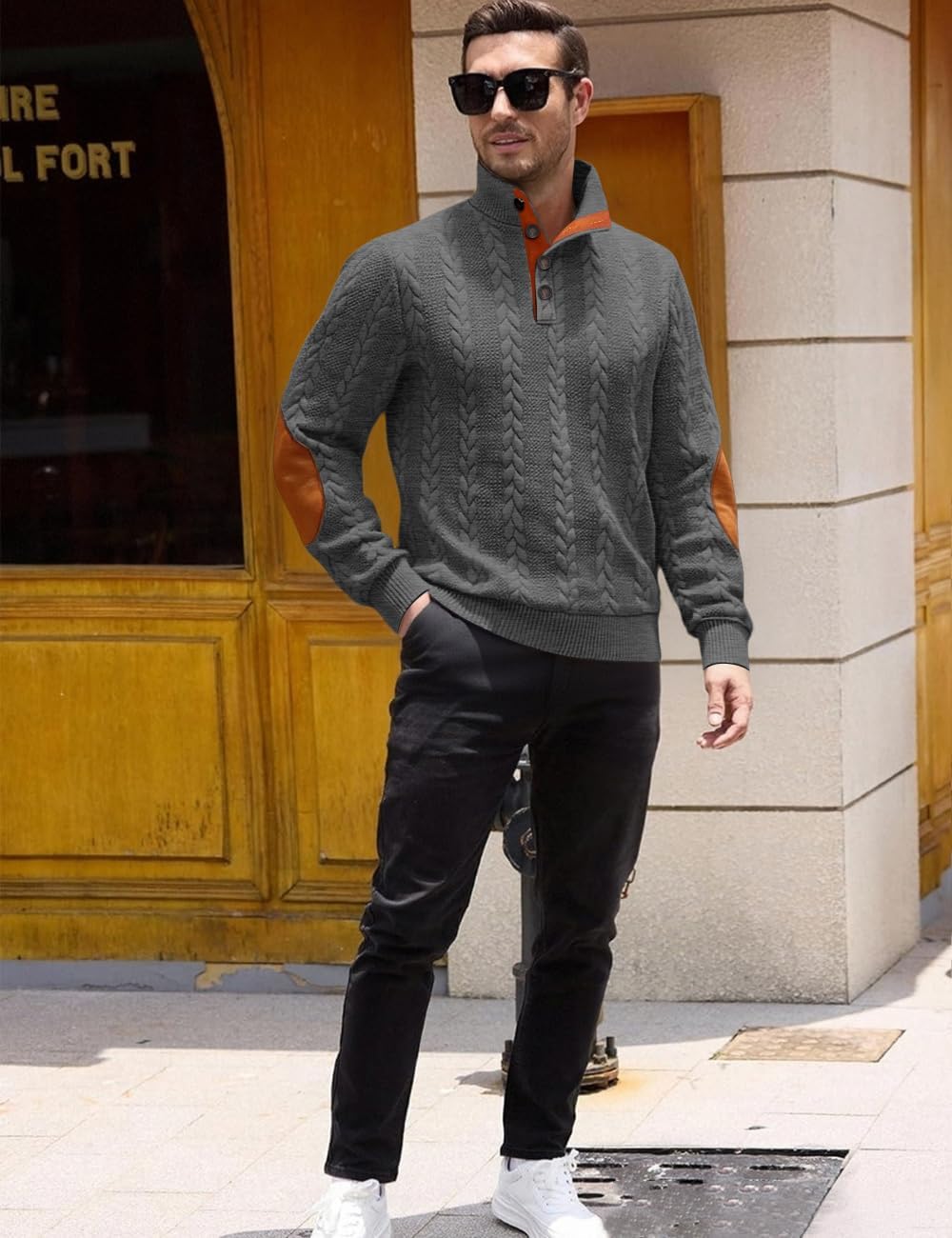 Men's Cable Knit Pullover Sweater Casual Long Sleeve Stand Collar Quarter Button Knitted Sweatshirts Quilted Sweatshirt - Image 5