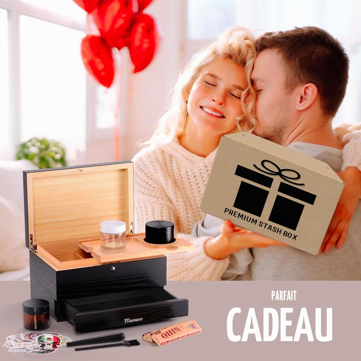 Grande boîte en bambou de avec plateau à rouler – boîte de rangement avec serrure – Plateau amovible avec d'autres outils (25 * 18 * 14 CM) Noir | Tiroir magnétique, 2 conteneurs anti-odeurs, tube avec brosse, support téléphone, distributeur de papier et