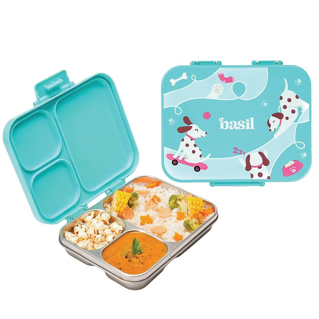 Basil Bento Ace 3C Stainless Steel Lunch Box for Kids | 3 Compartment Leakproof Tiffin Box for Teens & Adults | BPA-Free, Easy-to-Open School Lunch Box | Wiggly Woof