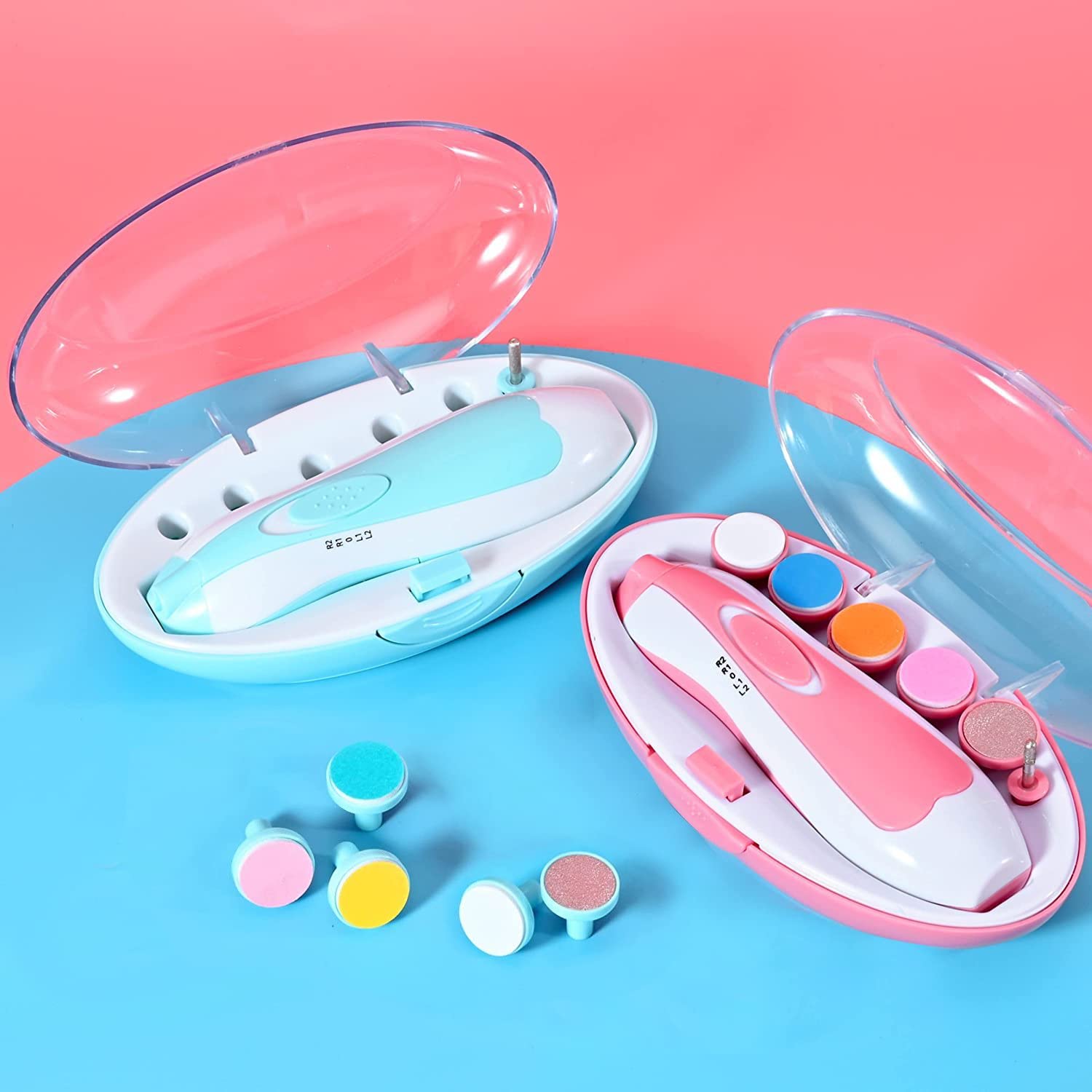 Cortaúñas para bebé, kit de lima de uñas eléctrica segura para recién nacidos, niños pequeños, dedos de los pies y las uñas, cuidado, pulido y recorte, 6 cabezales de molienda y luz LED, rosa