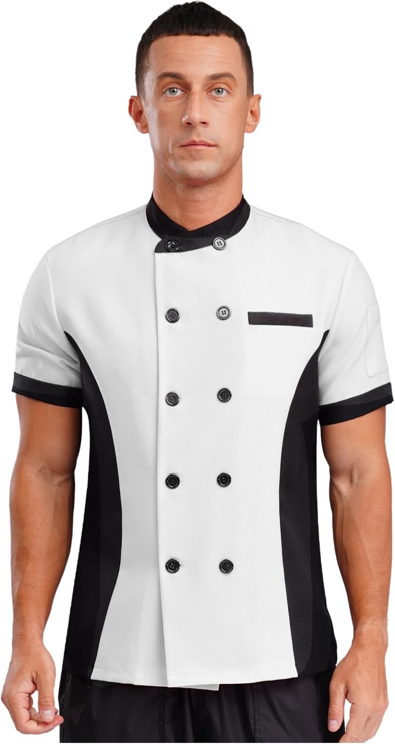 Shinsto Men's Kitchen Work Jacket Top Short Sleeve Color Block Chef Coat Restaurant Kitchen Uniform