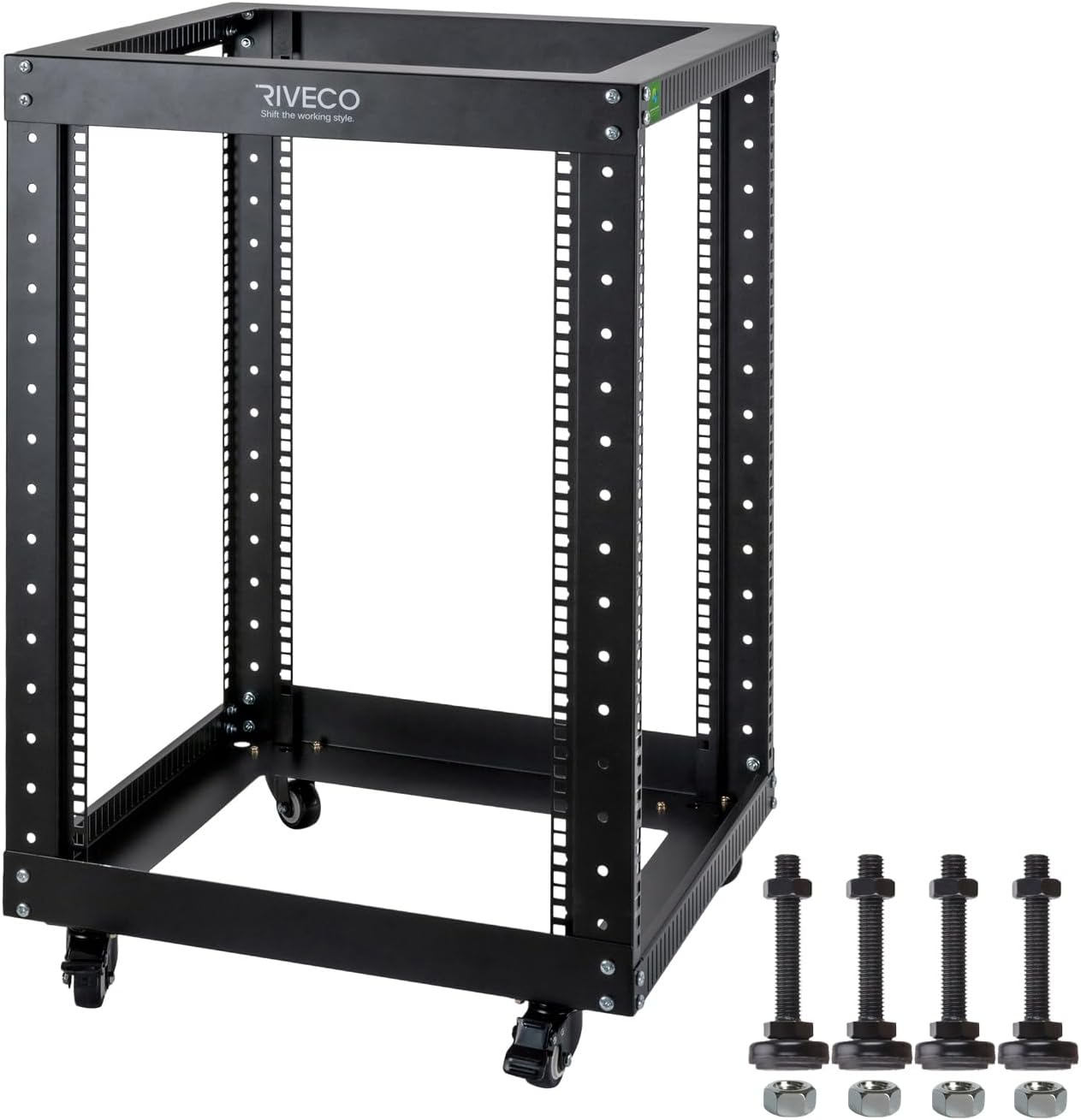 15U Server Rack Floor Standing Open Frame with Wheels- 19-inch 4 Post Quick Assembly AV Rack Network Heavy Duty Durable Black