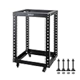 RIVECO 15U Server Rack Floor Standing Open Frame with Wheels- 19-inch 4 Post Quick Assembly AV Rack Network Heavy Duty Durable Black
