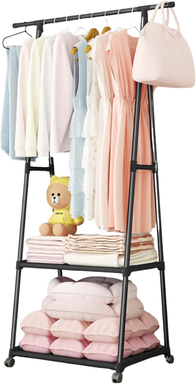 KRISHYAM 1-Layer Corner Coat Rack | Dual-Tier Cloth Organizer with Hooks (Black)