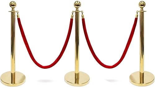 Electriduct Postes dorados de 3 pies con cuerda de terciopelo rojo, línea de cola de control de multitudes, barra de barrera de metal, 3 postes, 2