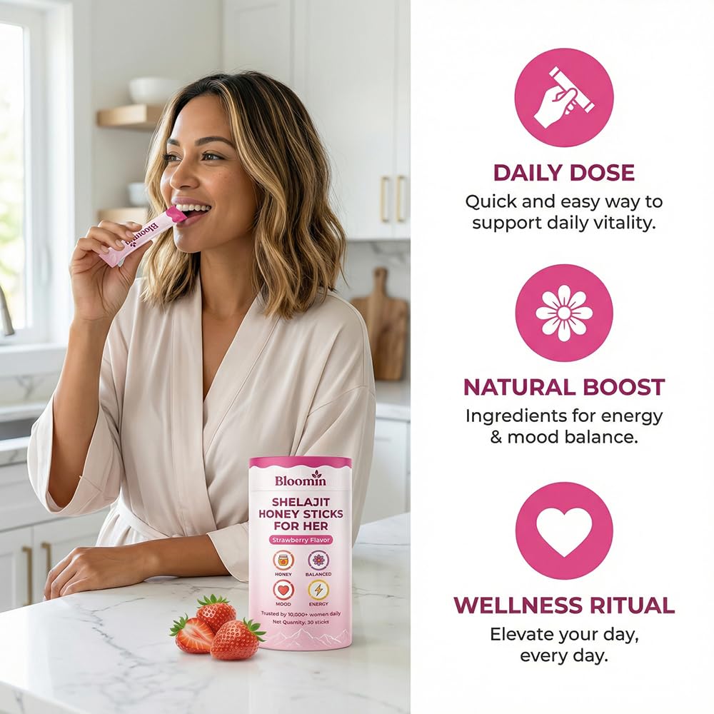 Bloomin Honey Sticks, with Shilajit, Shatavari & Saffron, Strawberry Honey Supplement for Women, Hormonal Balance, Focus & Stamina, Non-GMO, 30 Sticks (Strawberry)
