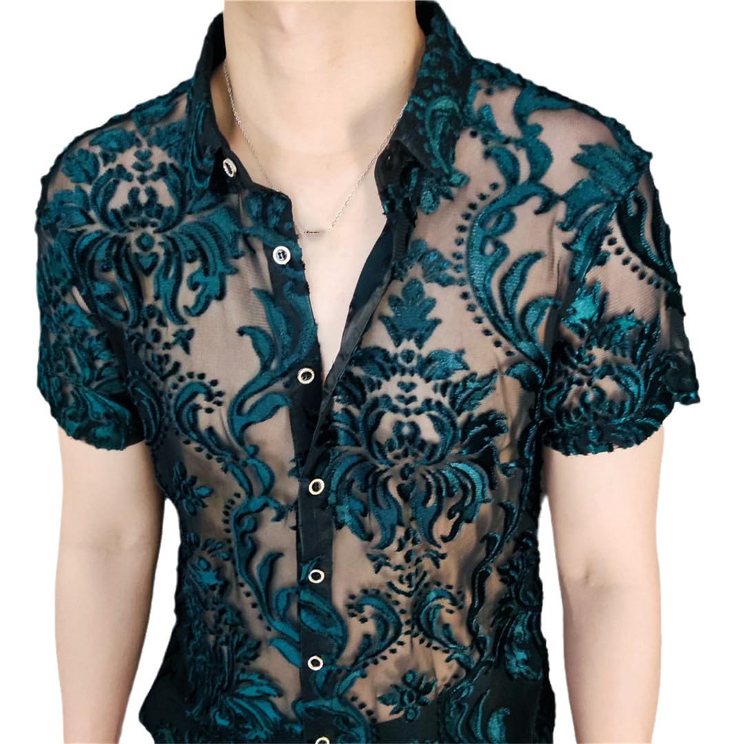Yeuyyben Camicia A Fiori Trasparente Camicia Nera A Maniche Corte in Morbido Pile Abbigliamento da Uomo Slim-Fit Camicia Sexy A Maniche Corte Trasparente