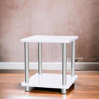 HOMELOX High Gloss Table 2 Shelf Unit With Stainless Steel Legs Coffee Side Table_White