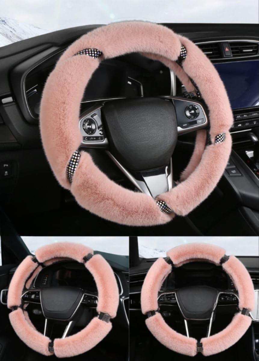 Fashionable Winter Warm Steering Wheel Cover Universal 15 Inch Anti-Slip Soft Plush with Bling Diamond Fluffy Auto Car Steering Wheel Covers for Women Men (Pink)