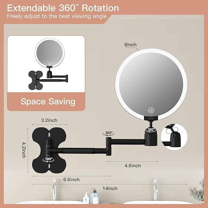 Espejo de Maquillaje de Pared con Luz LED 10X/1X 360° Giratorio miniatura 2