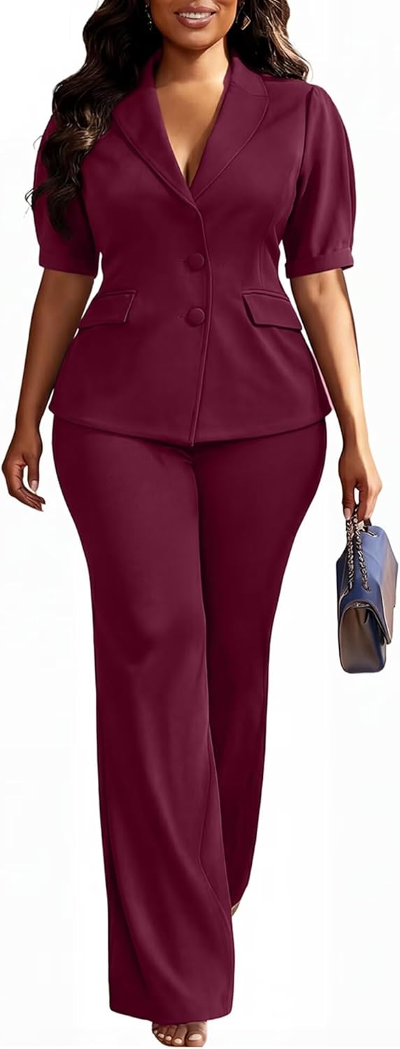 Kafiloe Pant Suits for Women Dressy Elegant Short Sleeve Blazer Suit 2 Piece Set Business Casual Outfits - Image 2