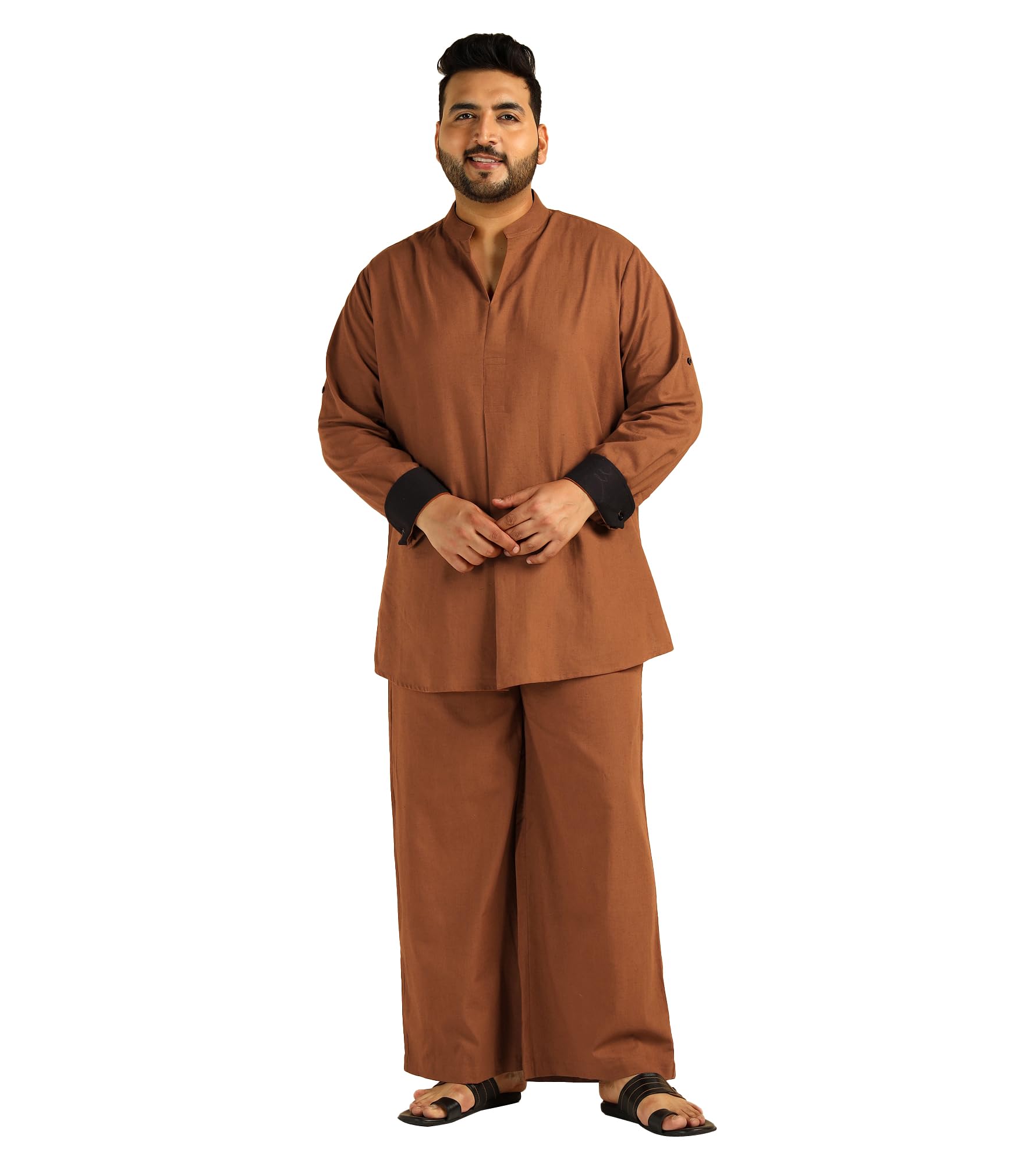 Men's Solid Cotton Kurta with Bell Bottom Pant Cord Set|Mens Kurta Pajama Set|Plus Size Co ords for Men Fashion|Beach Casual Wear|Two Piece|Mandarin Collar|Full Sleeve(Tan Brown)-image-38