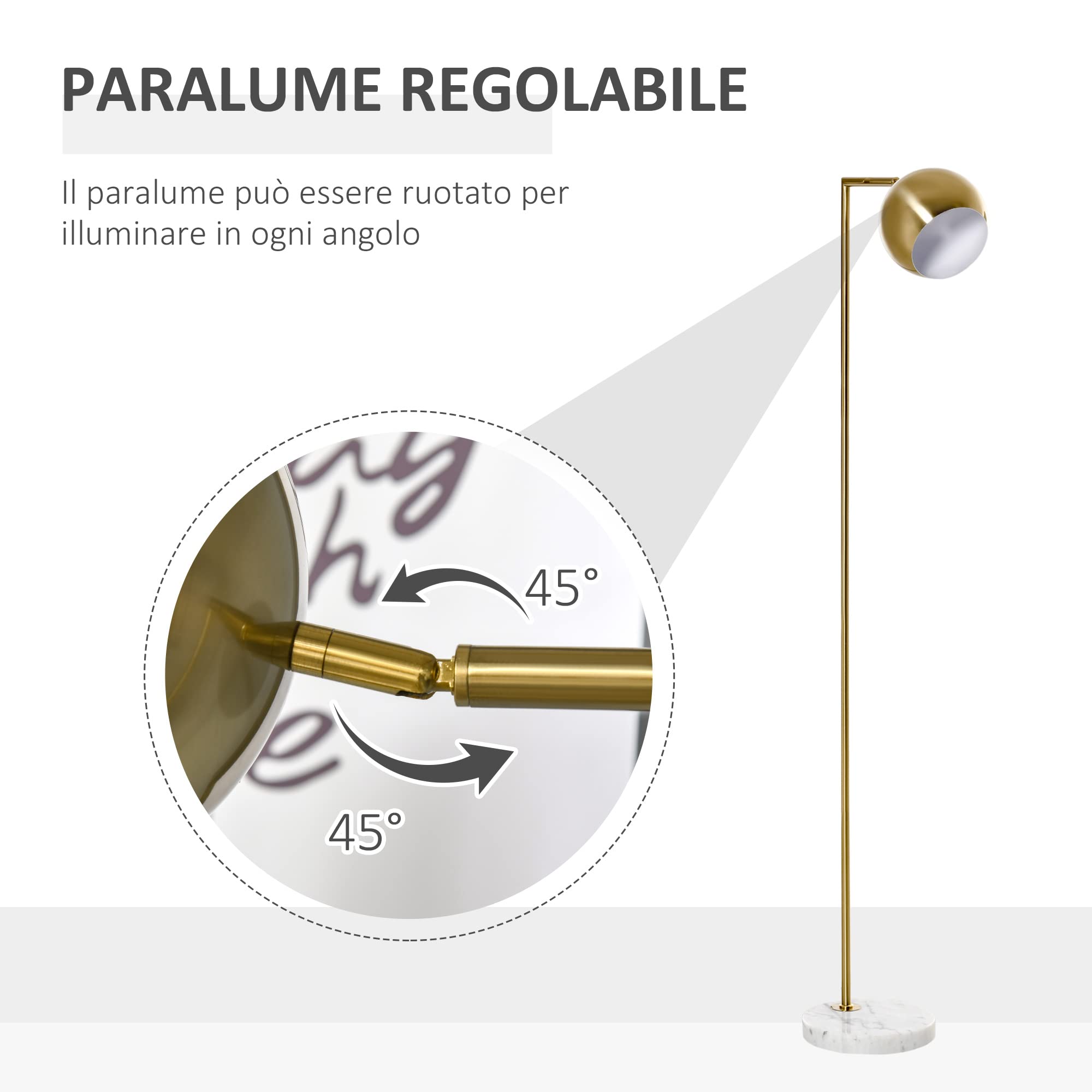 HOMCOM Lampada da Terra Base Rotonda Paralume Regolabile E27 40W Oro | Moderna, in Marmo, Lampada da Salotto e Camera Vintage