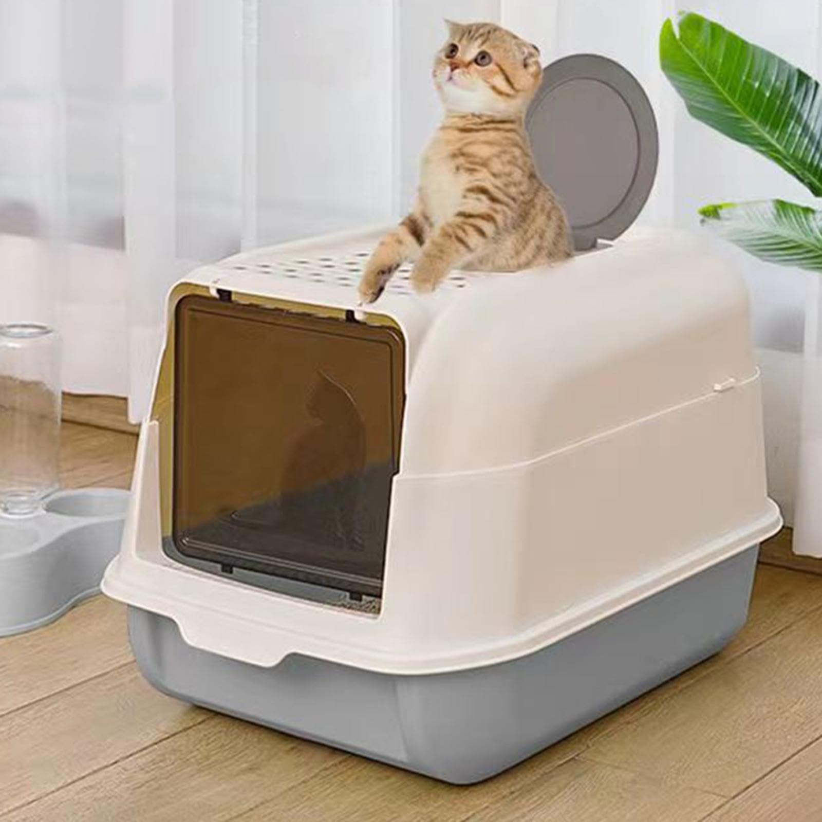 Arenero para Gatos con Tapa, Puerta Retráctil, Bandeja Abierta, Laterales Altos, Material PP, Función de Control de Olores, Apto para Uso en Interiore