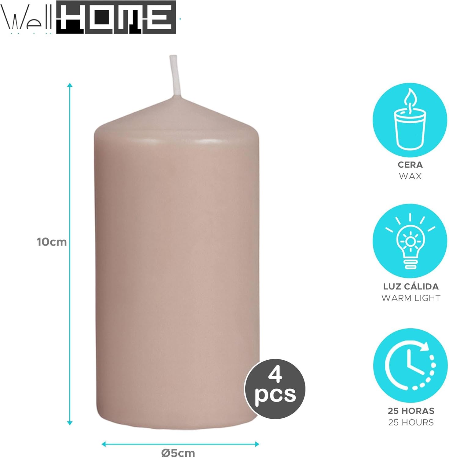 Set of 4 Wax Candles in Sand Colours, Diameter 5 x 10 cm and 25 Hours Burn Time