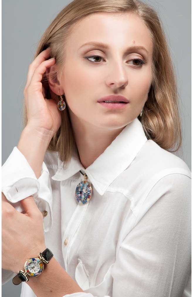 Glass Of Venice Italian Murano Glass Earrings Dangle Round Multicolor Millefiori Flower In Gold-Plated Sterling Silver - Murano Glass Earrings For Women