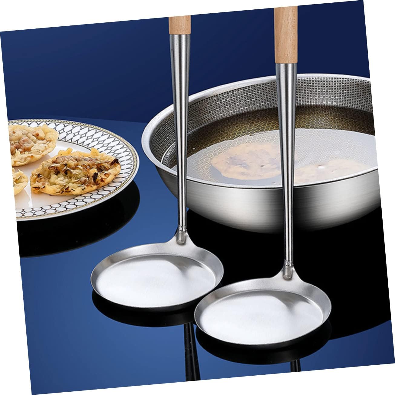Ciieeo 304 Stainless Steel Frying Spoon Wooden Handle Non-Stick Kitchen Tool for Deep Frying and Snack Preparation Oil Cake Mold for Cooking and Serving