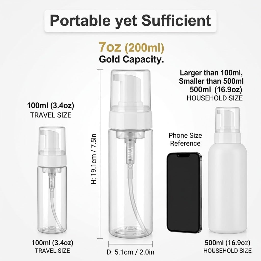 Foaming Pump Bottles, 200ml/7oz Clear Refillable Foam Soap Dispenser with Secure Overcap, Leak-Proof, 2 Pack
