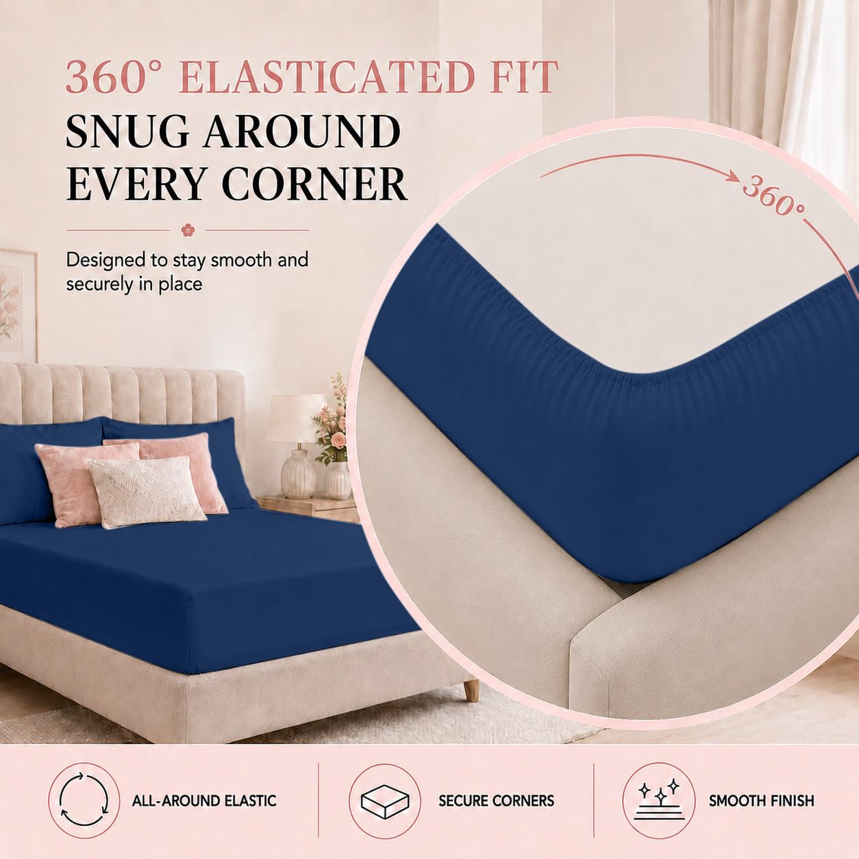 2 Pack King Microfibre Fitted Sheets 30cm Deep Bed Sheets, Navy Blue - Image 3