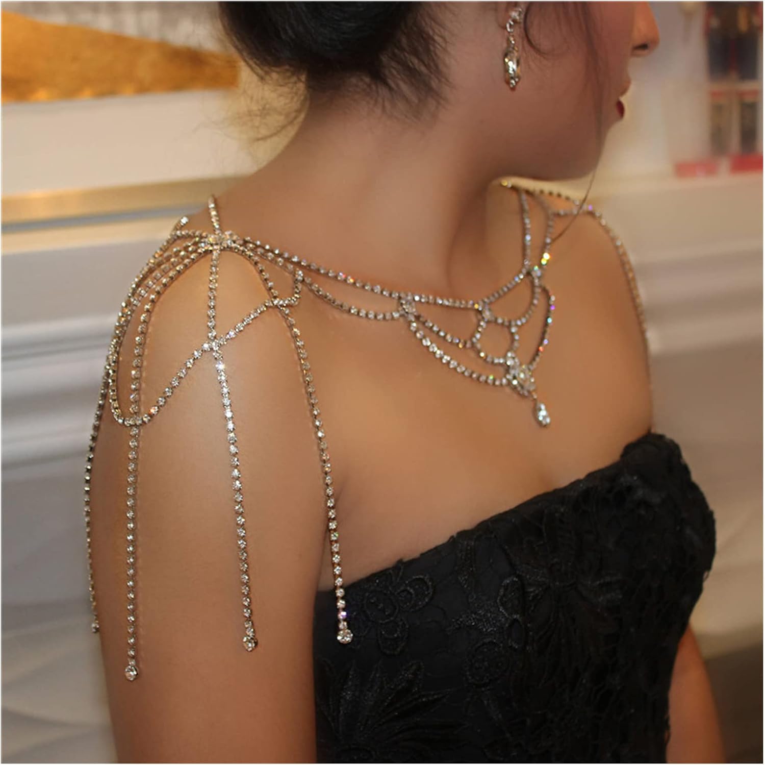 Rhinestone Tassel Wedding Backdrop Chain - Crystal Flower Shoulder Chain Necklace - Bridal Multi-Layered Body Chain Jewelry for Women