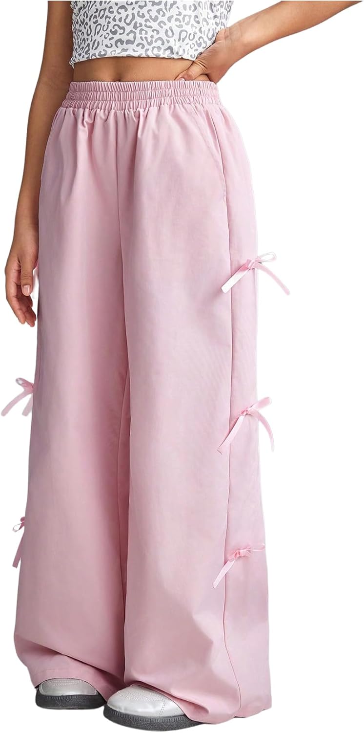 Girl's Y2k Bow Sweatpants Elastic High Waist Wide Leg Baggy Track Pants