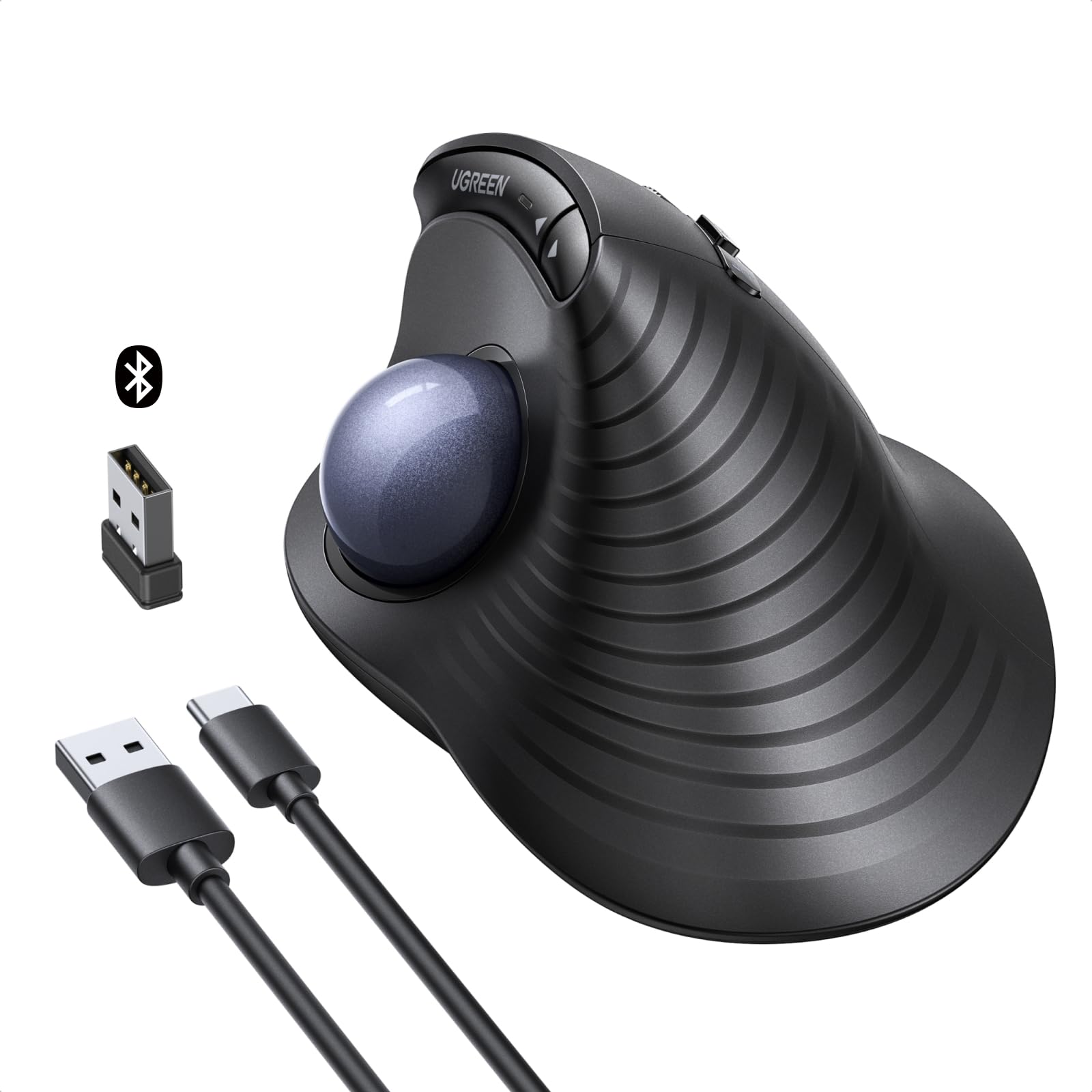 UGREEN Kabellose Trackball Maus Wiederaufladbare Ergonomische Maus | Bluetooth Maus mit Fingerbedienung, Ultra-schnelles Scrollen, 2.4G & Bluetooth Multi-Geräte für PC, Mac, Windows