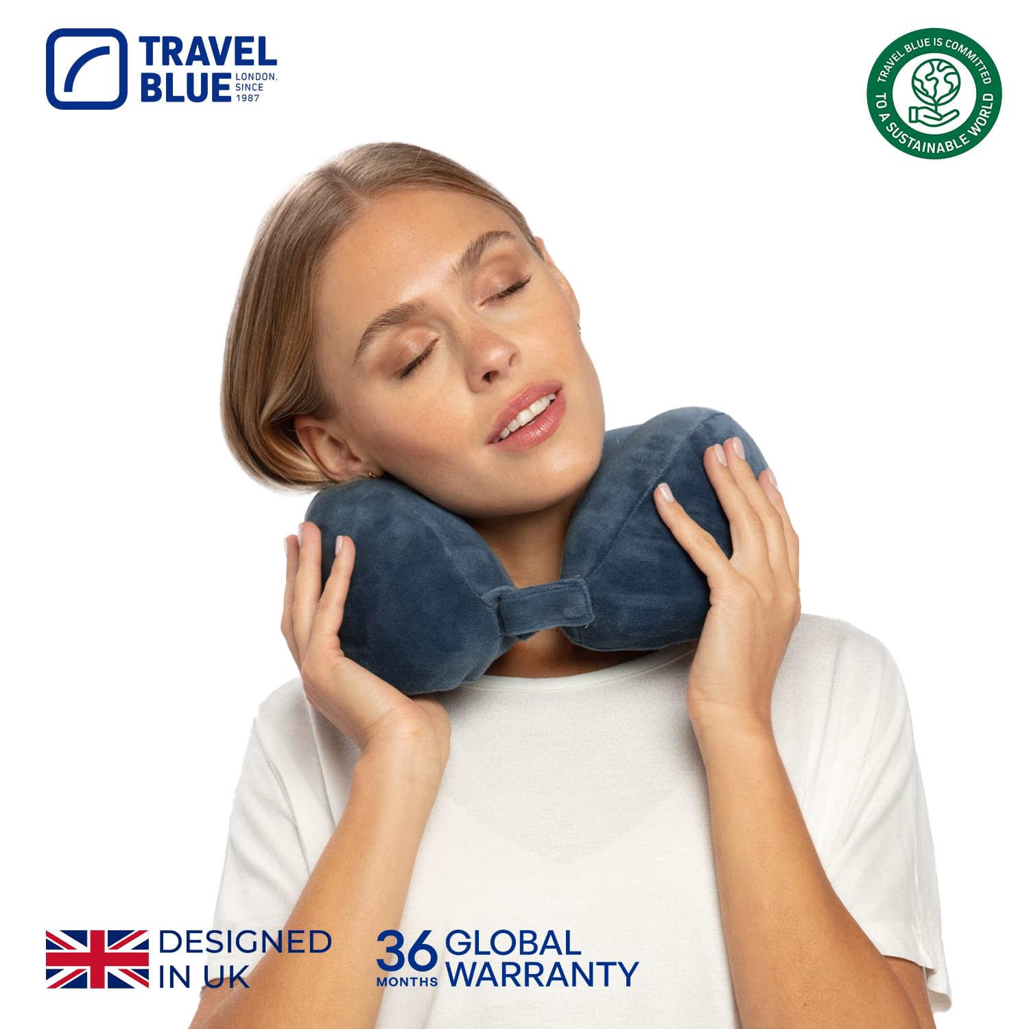 Travel Blue Almohada Cojín de Viaje de Espuma Viscoelástica Tranquility - Almohada Cervicales y Cuello de Viaje, Ajuste Más Ancho, Espuma de Memoria de Alta Densidad, Soporte Ergonómico (Blue)