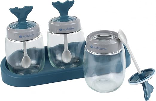 Amazon Aoruidarおしゃれキッチン調味料入れセット 大容量 良好な気密性 分解しやすい お手入れが簡単 塩 砂糖 容器 スパイスボトル ガラス収納容器 ブルー 保存容器 キャニスター オンライン通販