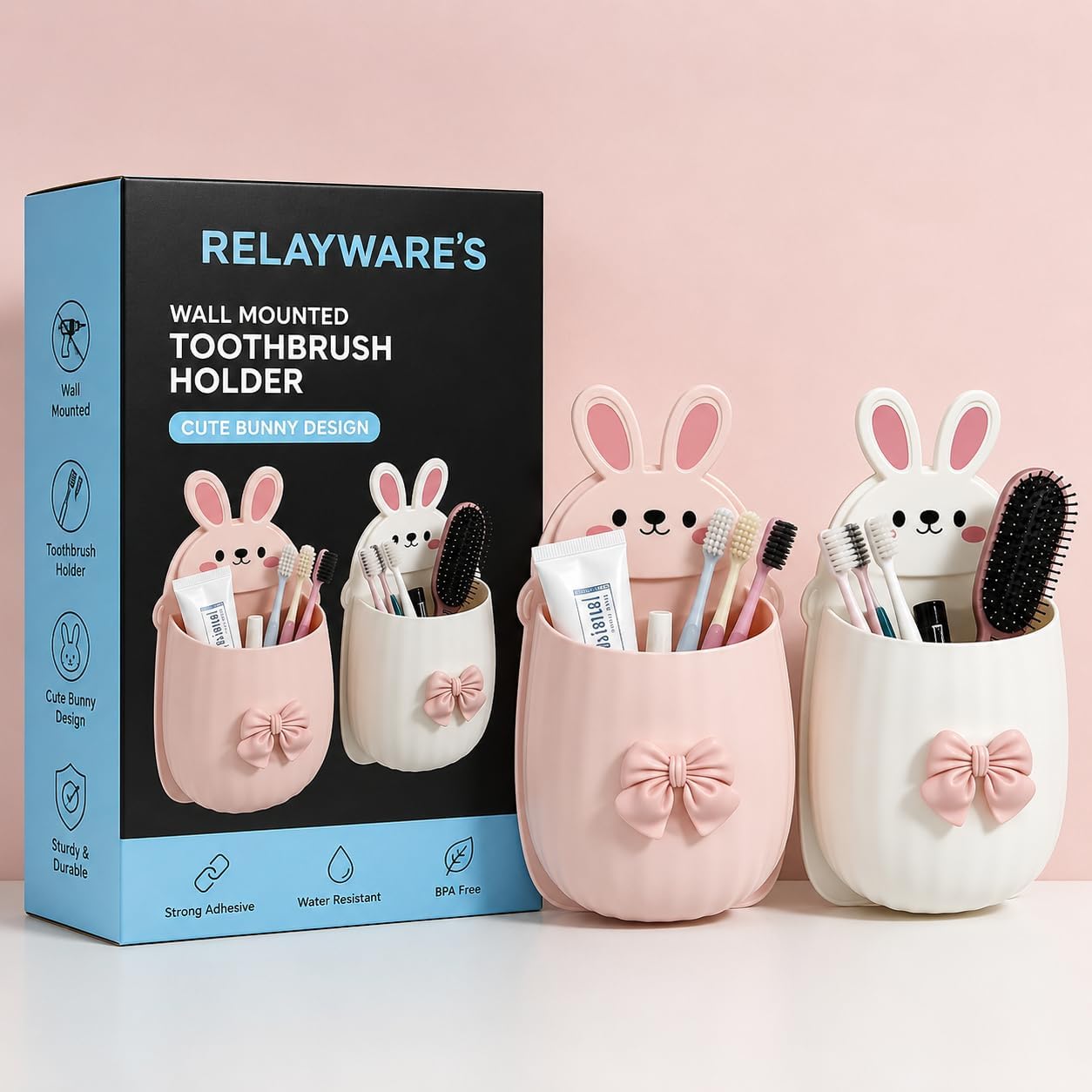 Self-Adhesive Cute Rabbit Wall Mounted Toothbrush Holder Toothpaste Comb & Cosmetics | Cartoon Bunny Storage Pocket for Kids Bathroom Accessories (Pack of 2)-image-12