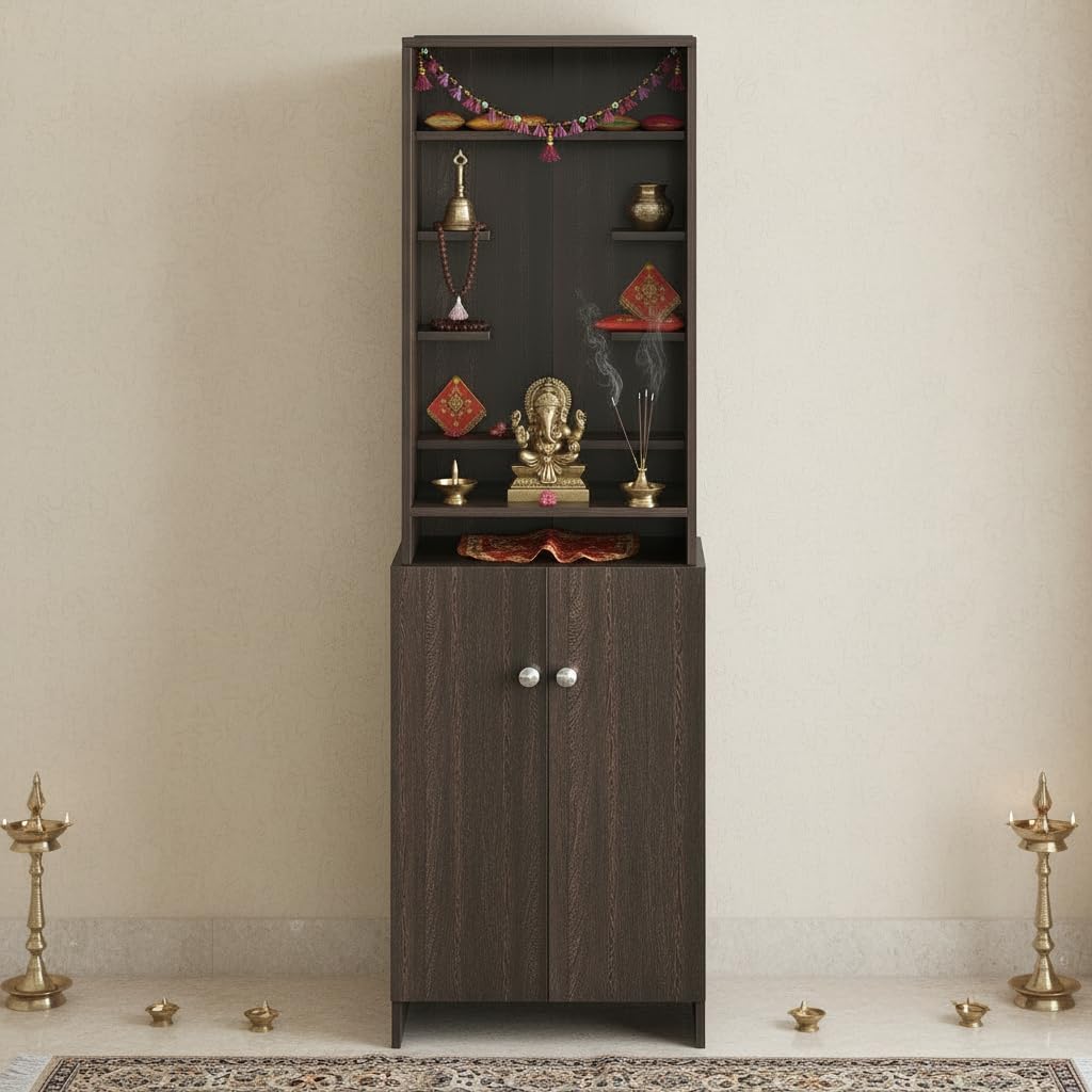 FURNEASER Shrisha Wooden Pooja Mandir for Home with Storage | Floor Standing Temple with Shelves & Cabinet | Engineered Wood Mandir for Home | Modern Prayer Unit (Wenge Finish, 161x50x28 cm)