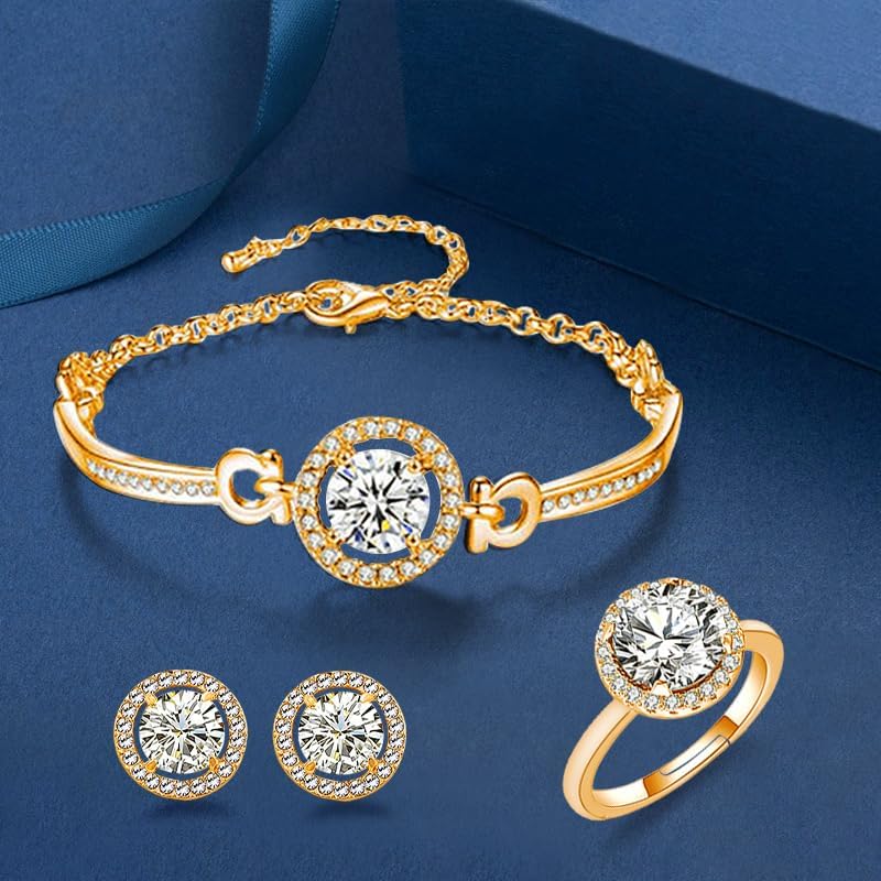 Women 4Pieces Cubic Zirconia Jewellery Set Rhinestone Necklace Earrings Bracelet Ring - Image 3