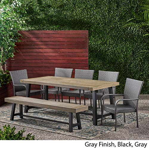 Great Deal Furniture Sheila Outdoor Rustic Acacia Wood 8 Seater Dining Set With Dining Bench, Gray And Black #TOP2