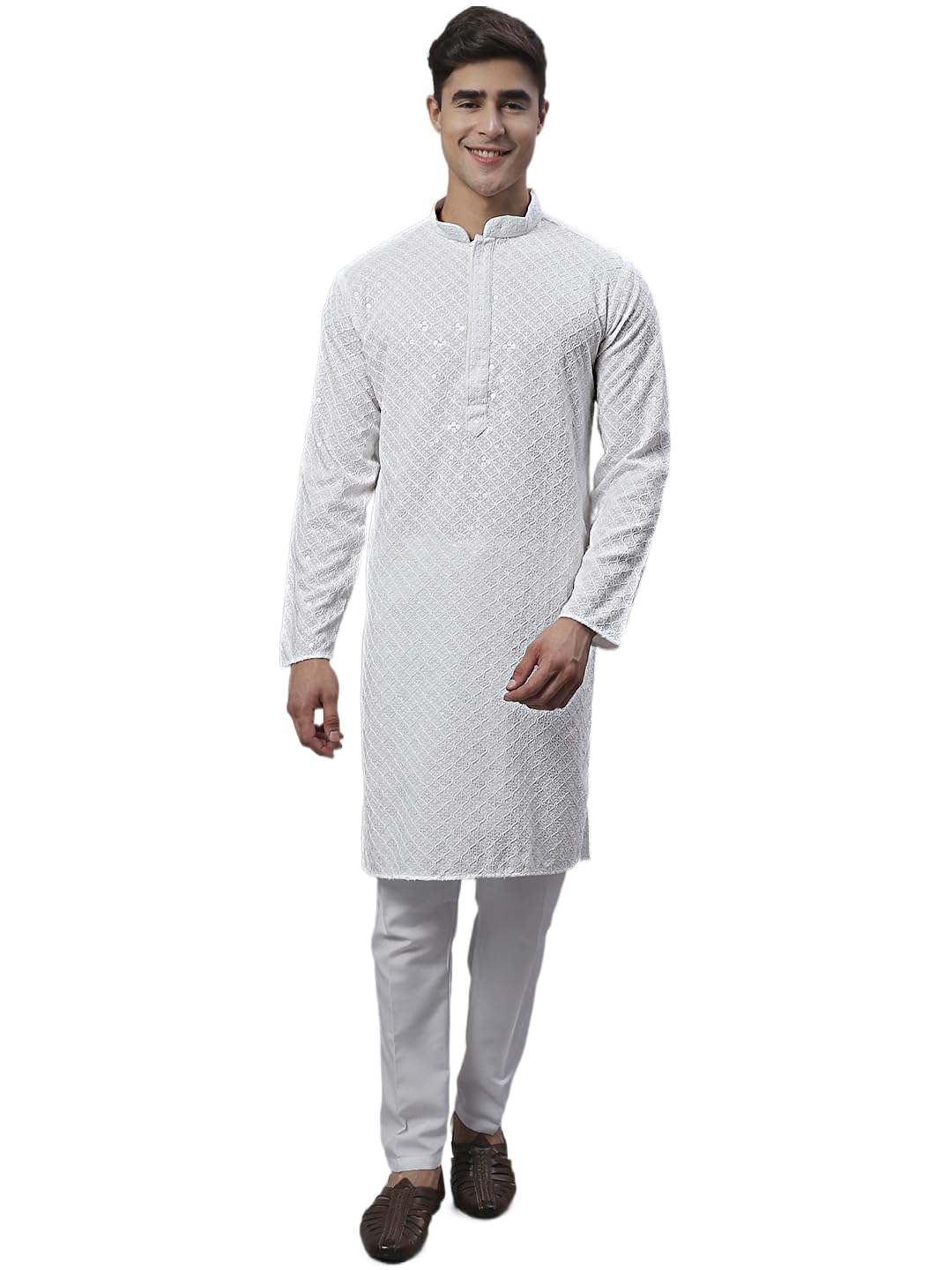 Jompers Men's Chikankari Embroidered And Sequence Kurta With Pyjama (White, M)