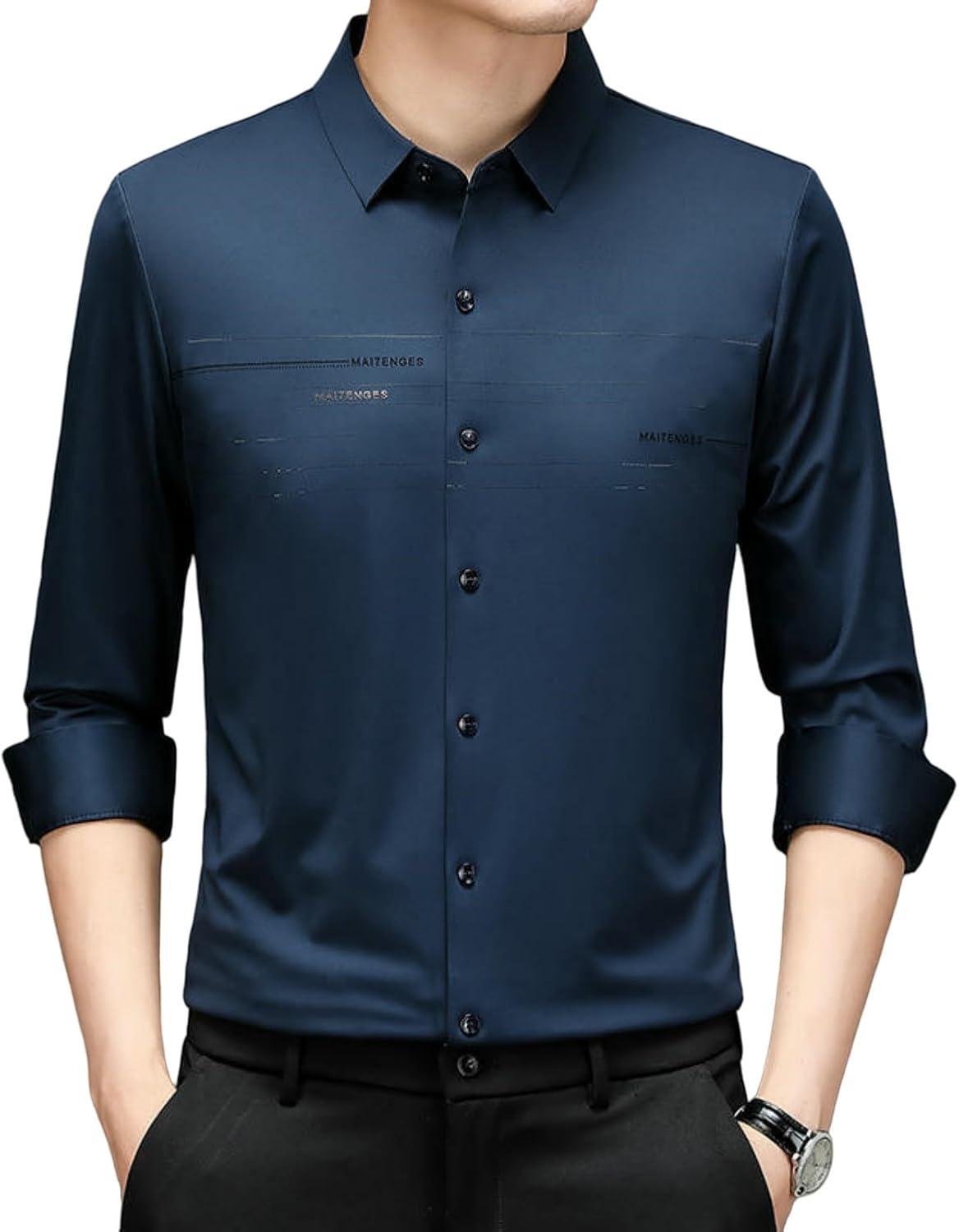 Men's Spring Seamless Wrinkle-Free Lapel Trendy Striped Letter Long Sleeve Shirt