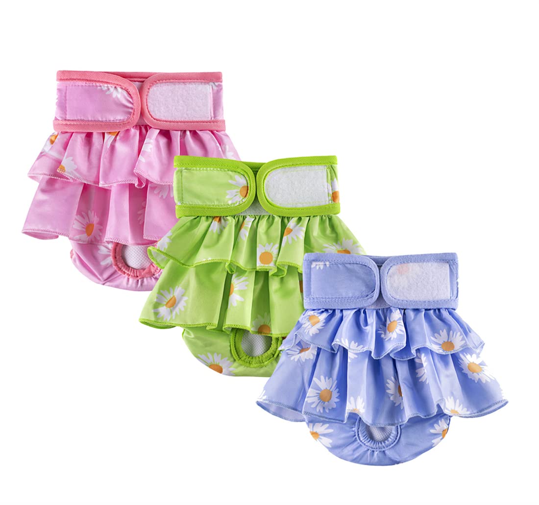 Shiningirl Dog Diapers for Female Dogs 3 Pack Washable Dog Panties Diaper Skirt Flower Printed Puppy Diapers Shorts for Girl Dog in Period Heat