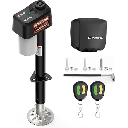 7500LBS Electric Trailer Jack with Remote Control, RV Electric Tongue Jack with Built-in Spirit Level for Travel Trailer, 10.24-33.46 Inch Extended,IP65 Waterproof Buttons,5.9 Inch Foot Pad