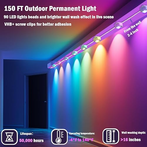 Miniatura 8 de Luces permanentes para exteriores de 150 pies, luces LED RGB inteligentes que cambian de color con control de aplicación, iluminación impermeable