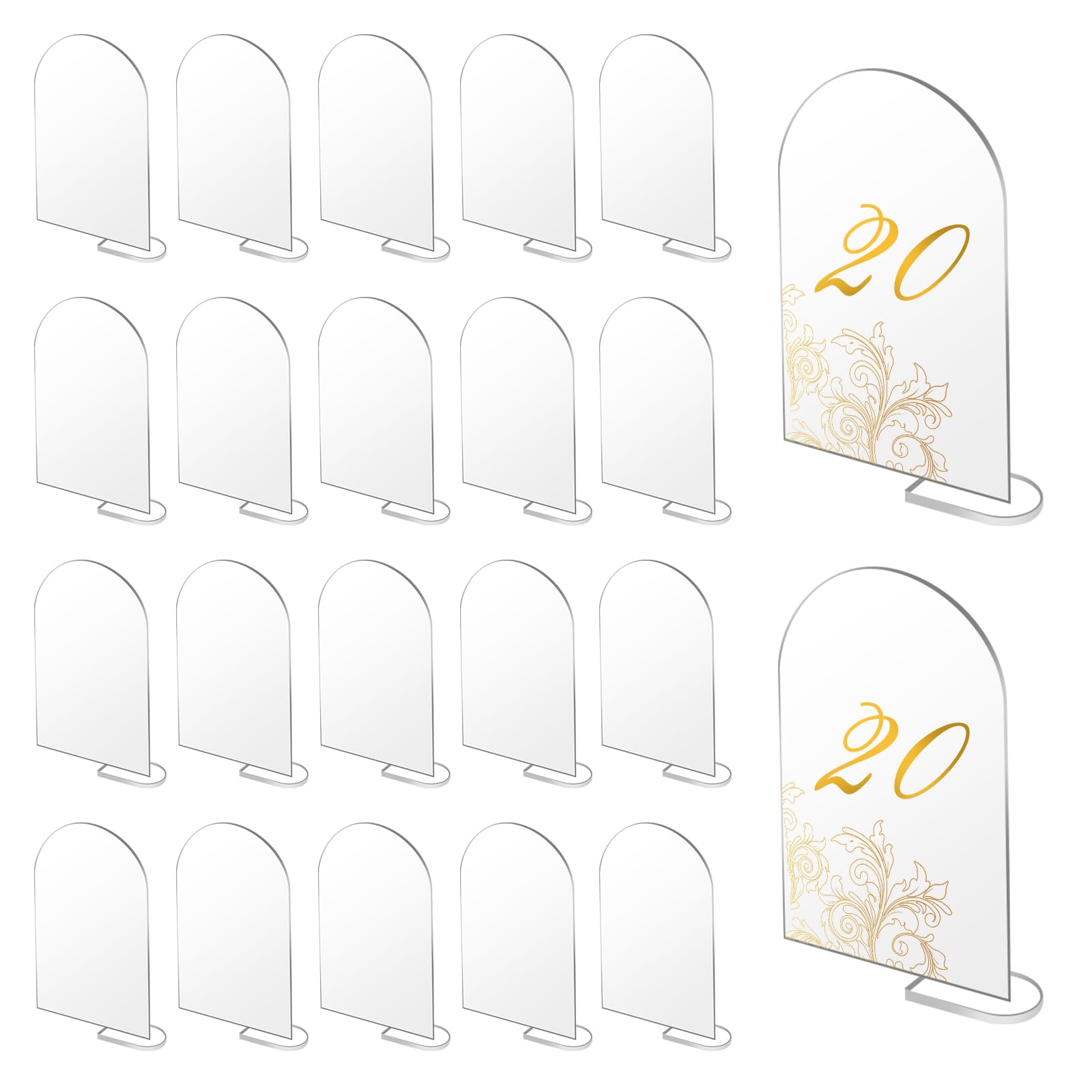 Numeros mesa boda,Tarjetas de Asiento arqueadas,20 letreros acrílicos de Arco Transparente con 20 Soportes,para Nombres de Invitados,números de Mesa para Decoraciones de Bodas