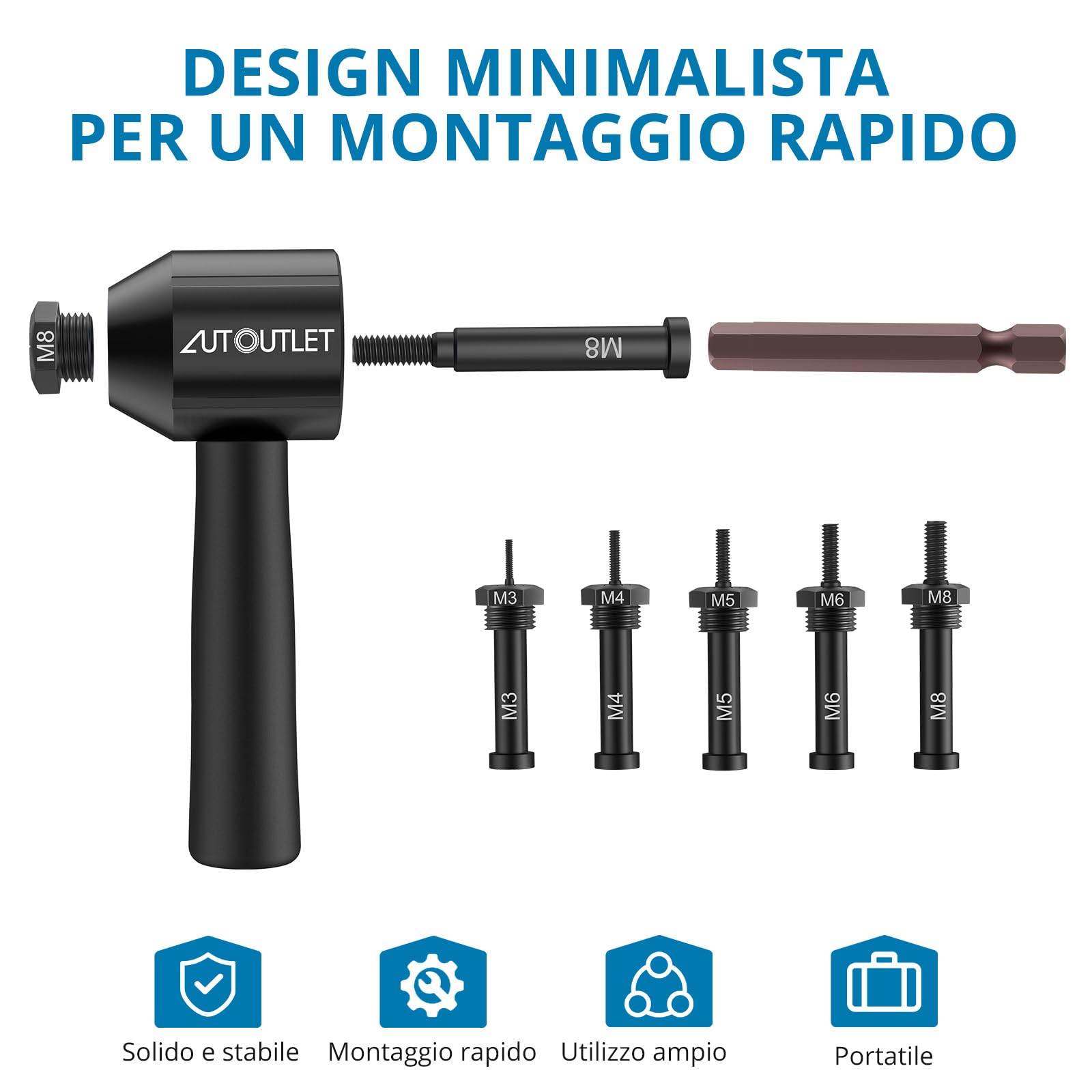 AUTOUTLET Rivettatrice per Dadi, Adattatore per Trapano, 5 Mandrini M3 M4 M5 M6 M8, Custodia, Nero