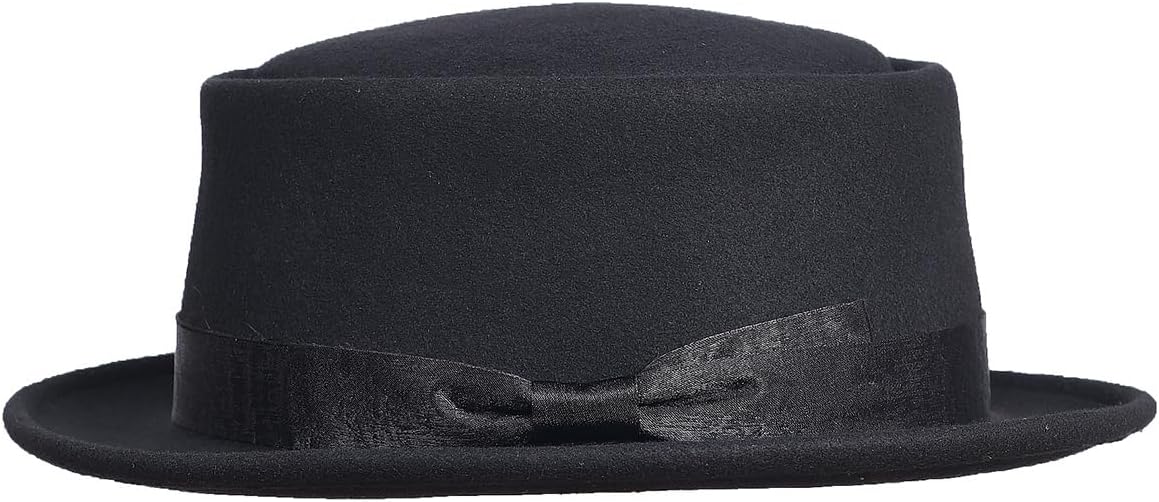 100% Wool Felt Pork Pie Fedora Hats for Men Women with Ribbon Bow Dome and Flat Brim Church Fedora Hat