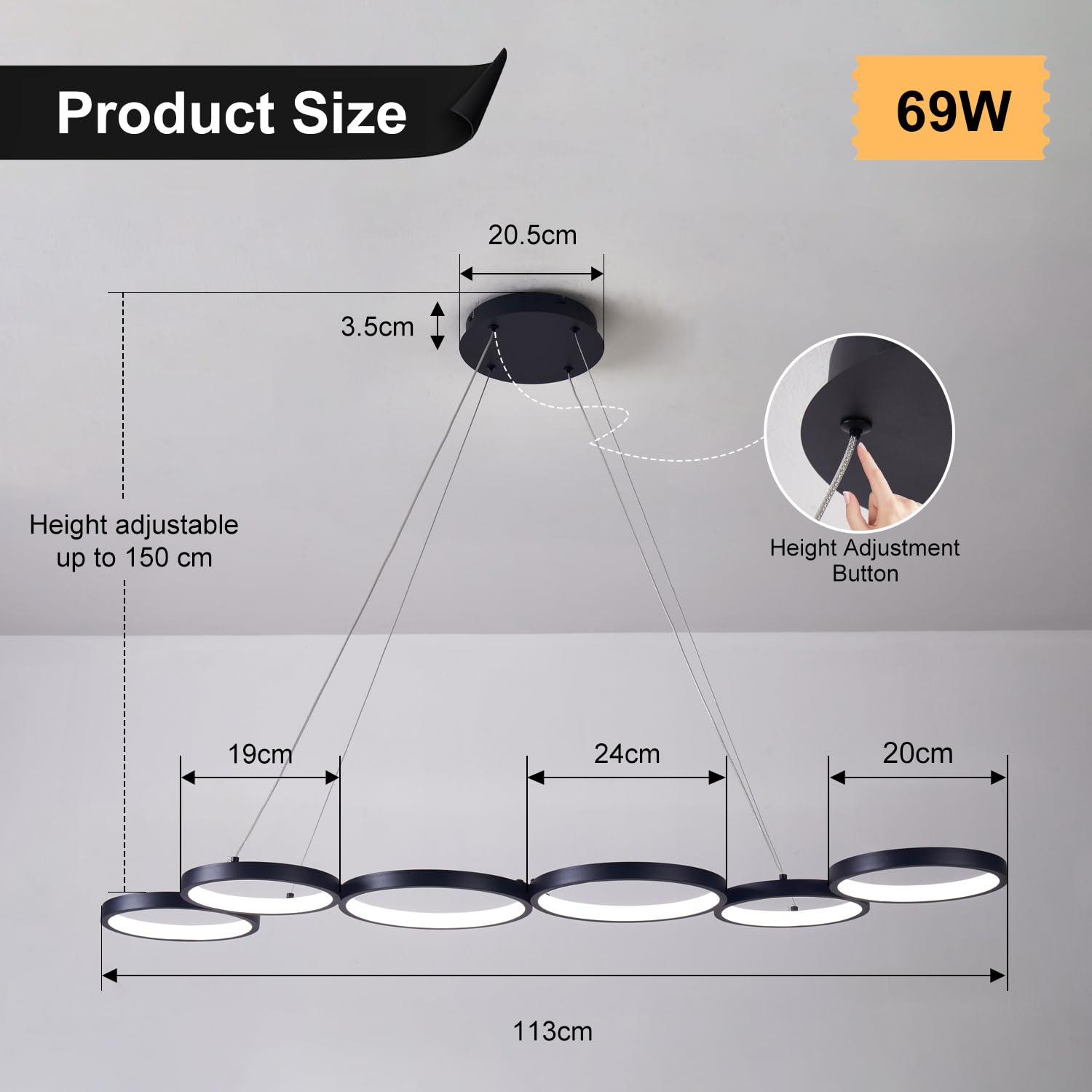 Lampada a Sospensione LED Dimmerabile 113cm 69W Nero | Lampadario Moderno Design a 6 Anelli con Telecomando, Altezza Regolabile Lampada Sospesa per Tavolo da Pranzo, Soggiorno