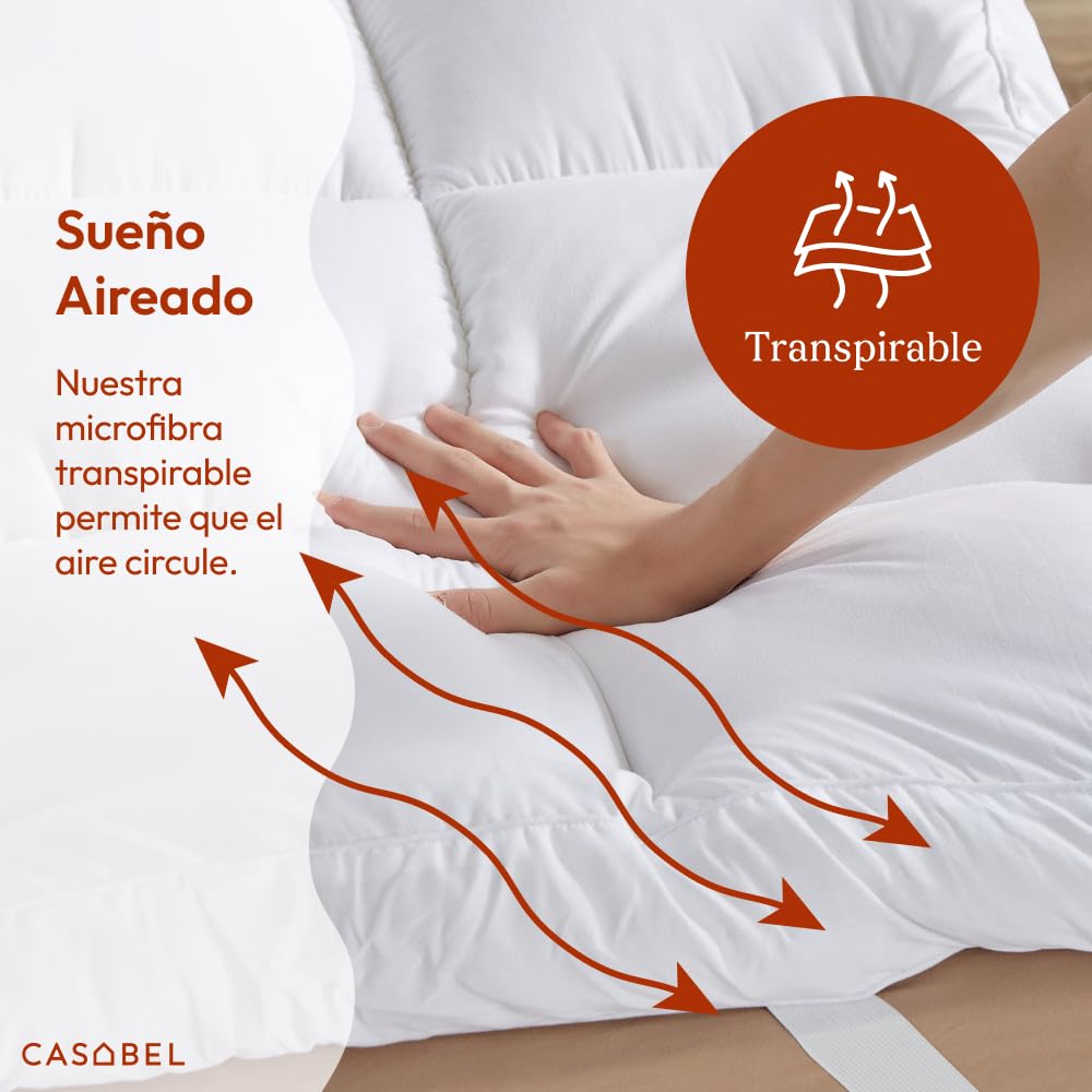 CASABEL Topper de colchón Mullido y Transpirable, 160x200cm, Blanco | Confort mullido, Extra Grueso, 1150g/m², Acolchado de cuadros, Hipoalergénico, Elásticos de sujeción, Lavable a máquina